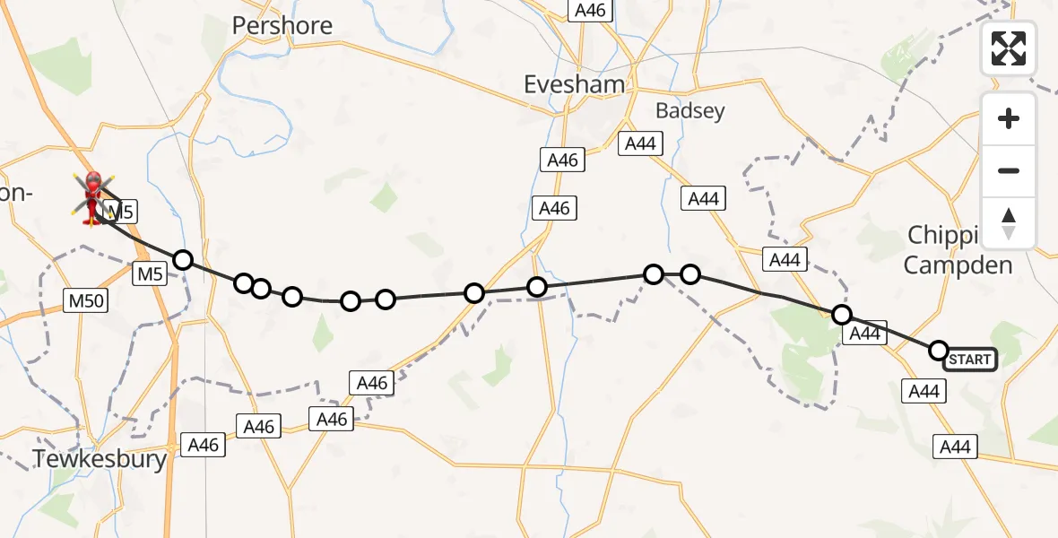 Flight route Air Ambulance Helicopter Blockley - Upper Strensham, 14 May 2026, 08:43