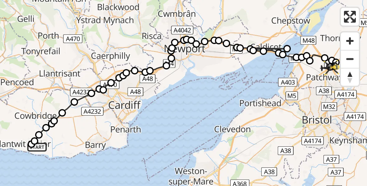 Flight route Police Helicopter MOD St Athan - Almondsbury Helicopter Base, 14 May 2026, 08:47
