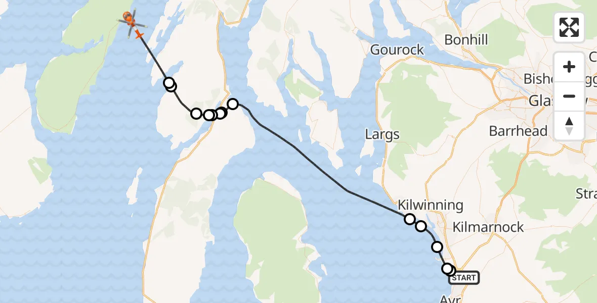 Flight route Coastguard Helicopter Glasgow Prestwick Airport - Inner Seas, 14 May 2026, 08:53