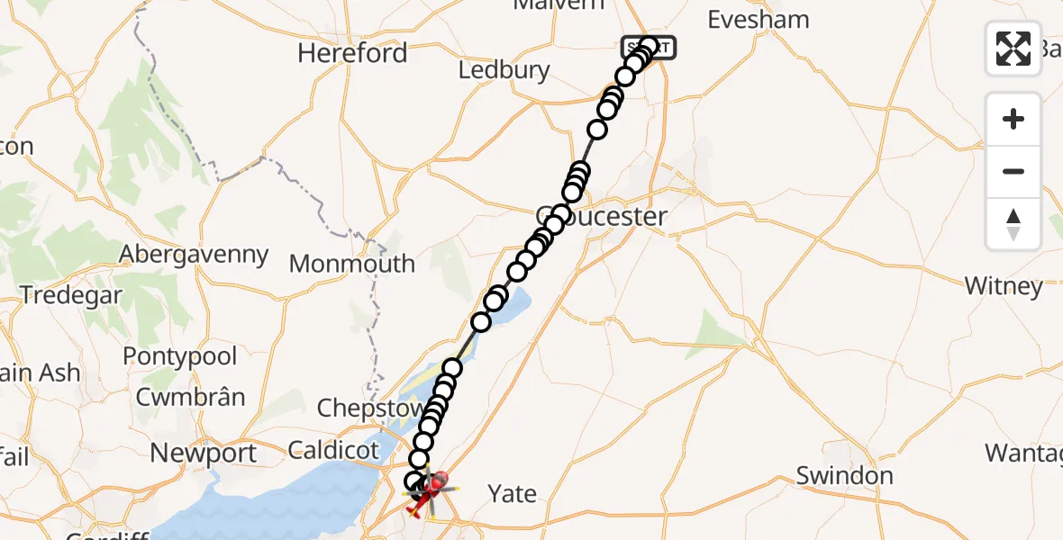 Flight route Air Ambulance Helicopter Hill Croome - Patchway, 14 May 2026, 08:58
