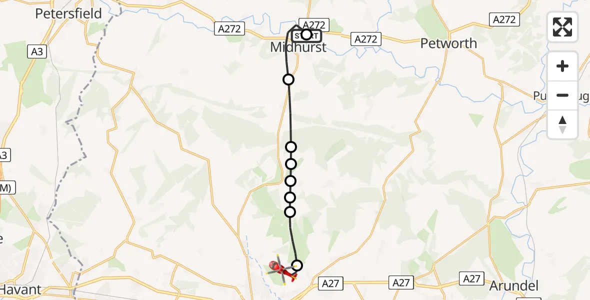 Flight route Air Ambulance Helicopter Easebourne - Goodwood Aerodrome, 14 May 2026, 09:02