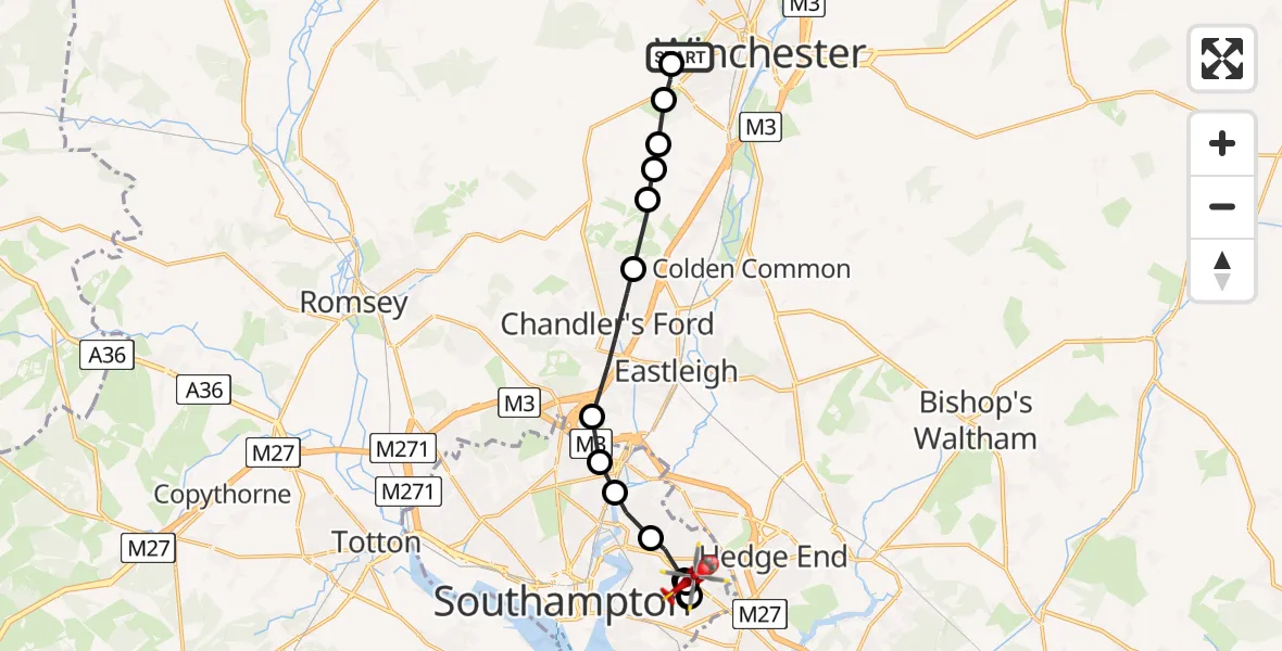 Flight route Air Ambulance Helicopter Winchester - Bitterne, 14 May 2026, 09:29