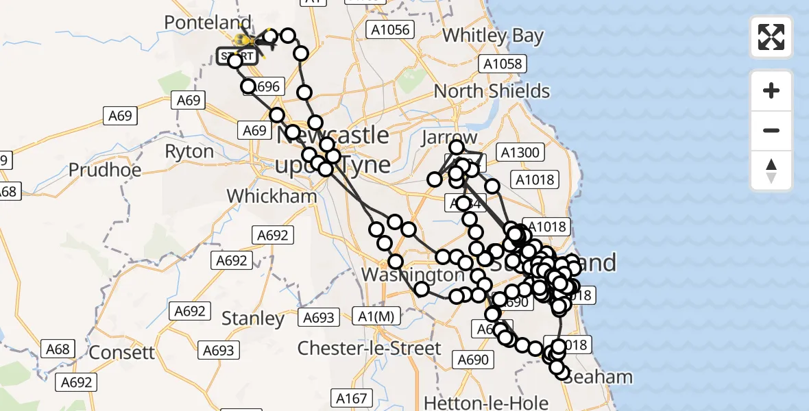Flight route Police Helicopter Callerton - Newcastle International Airport, 14 May 2026, 09:45