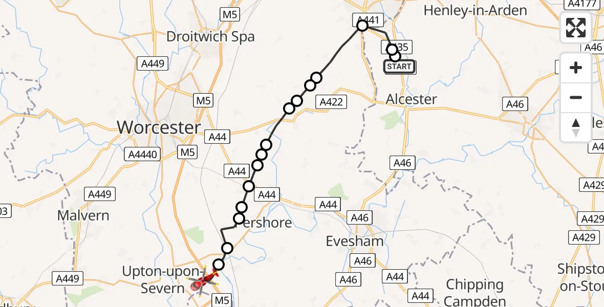 Flight route Air Ambulance Helicopter Coughton - Upper Strensham, 14 May 2026, 09:51