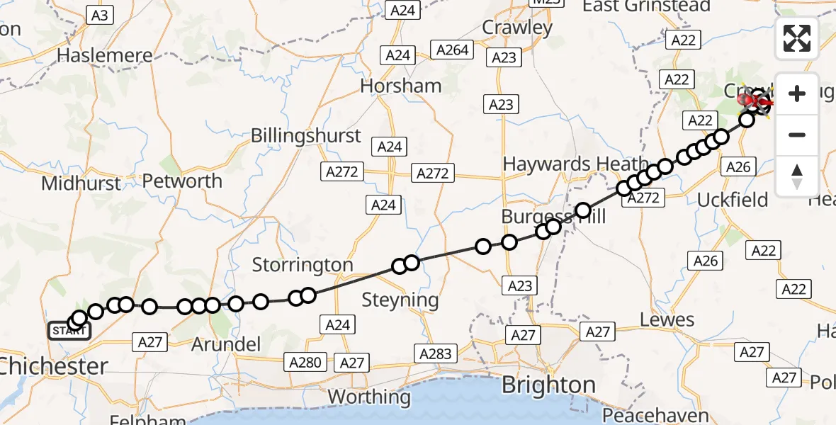 Flight route Air Ambulance Helicopter Goodwood Aerodrome - Crowborough, 14 May 2026, 09:53