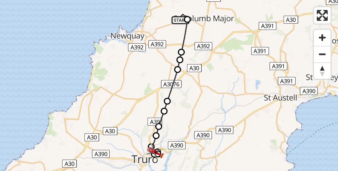 Flight route Air Ambulance Helicopter Cornwall Airport Newquay - Tresillian, 14 May 2026, 09:55