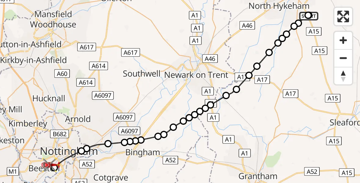 Flight route Air Ambulance Helicopter RAF Waddington - Beeston, 14 May 2026, 09:55