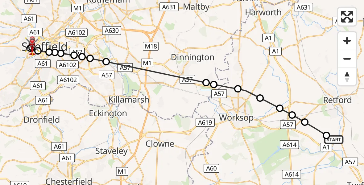 Flight route Air Ambulance Helicopter Retford Gamston Airport - Sheffield Childrens Hospital, 14 May 2026, 10:09