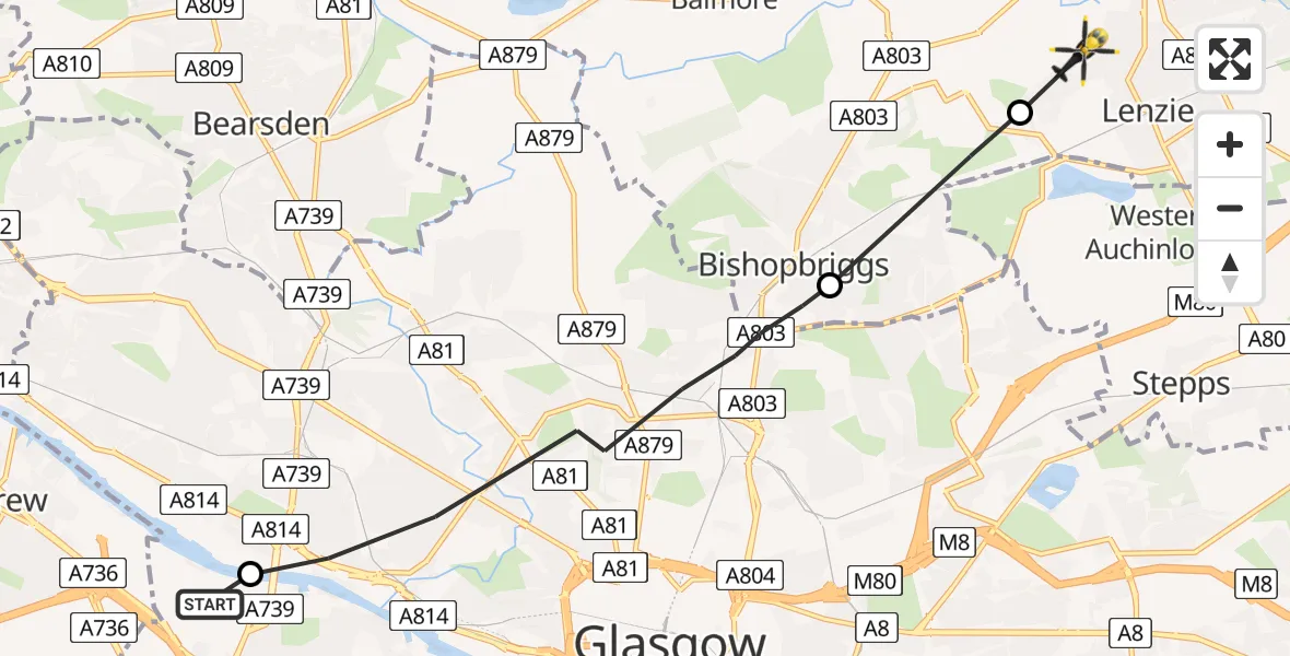 Flight route Police Helicopter Queen Elizabeth Hospital - Lenzie, 14 May 2026, 10:09