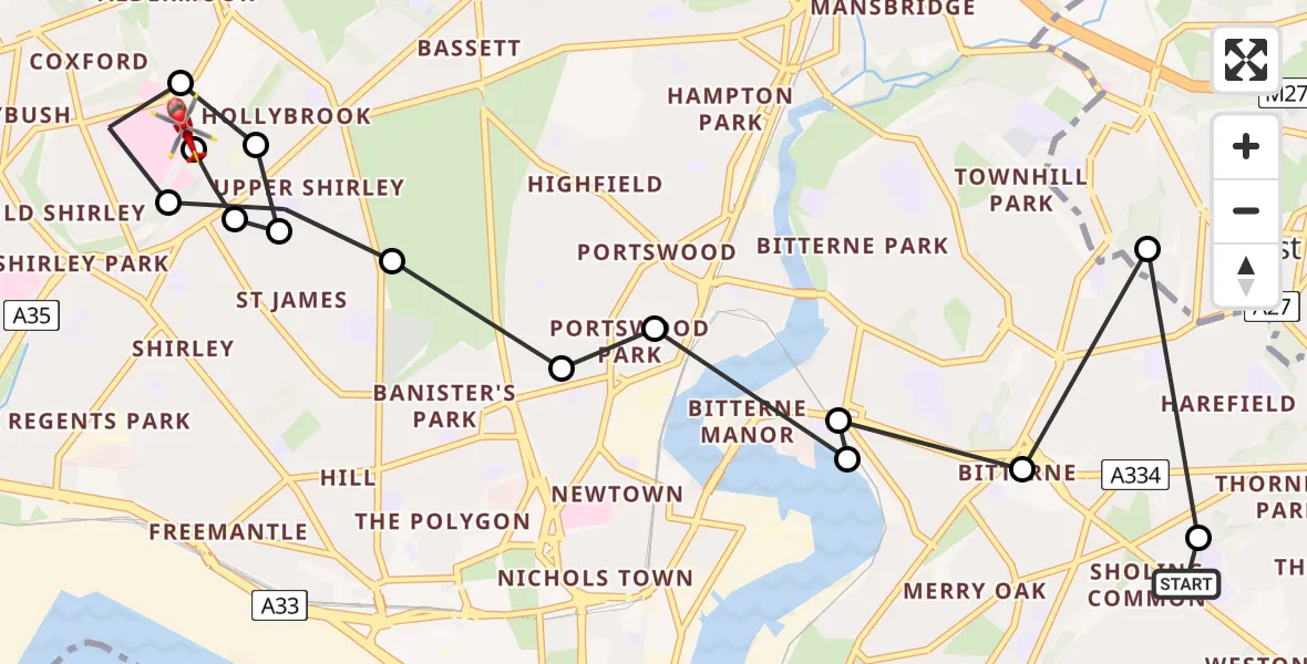 Flight route Air Ambulance Helicopter Sholing Common - University Hospital Southampton, 14 May 2026, 10:26