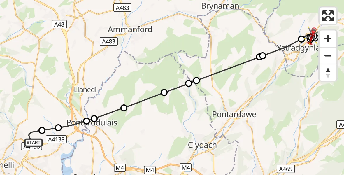 Flight route Air Ambulance Helicopter Dafen - Pen Rhos, 14 May 2026, 10:32