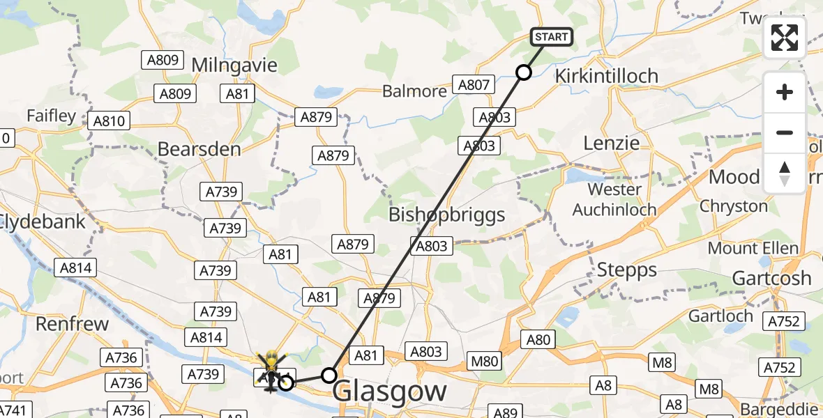 Flight route Police Helicopter Kirkintilloch - Glasgow, 14 May 2026, 10:34