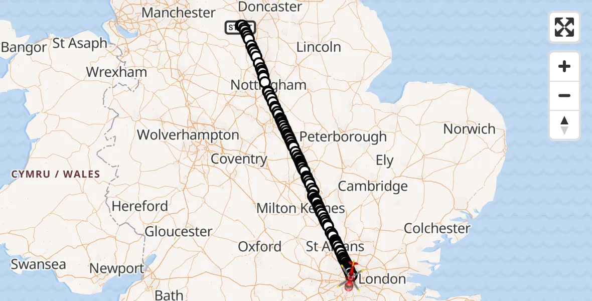 Flight route Air Ambulance Helicopter Sheffield Childrens Hospital - Fitzrovia, 14 May 2026, 10:48