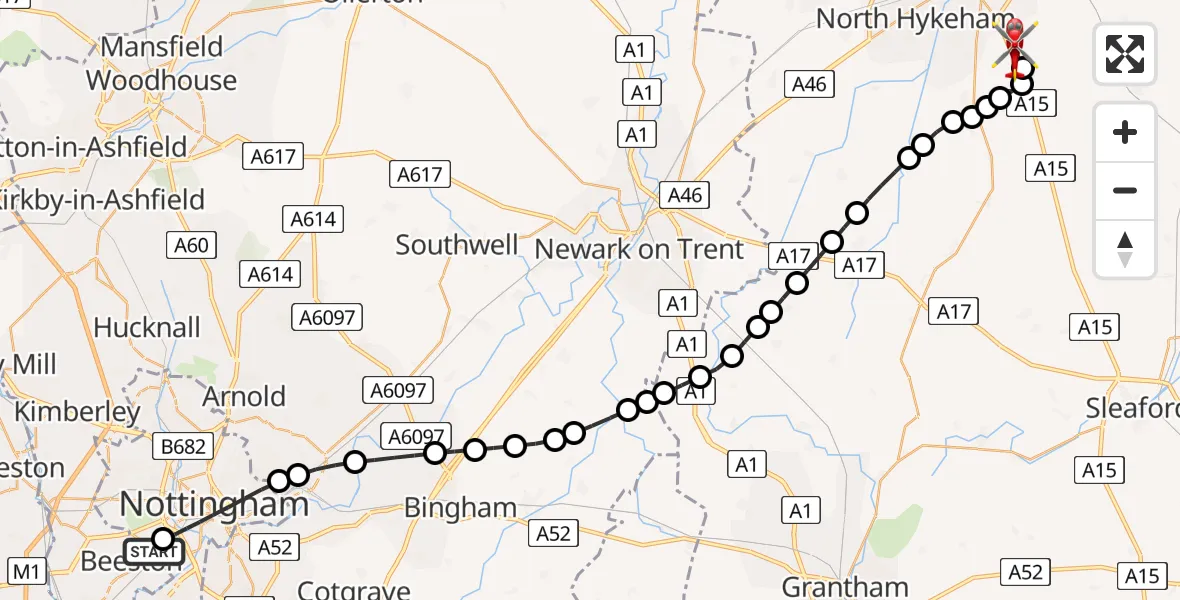 Flight route Air Ambulance Helicopter Beeston - North Kesteven, 14 May 2026, 10:49