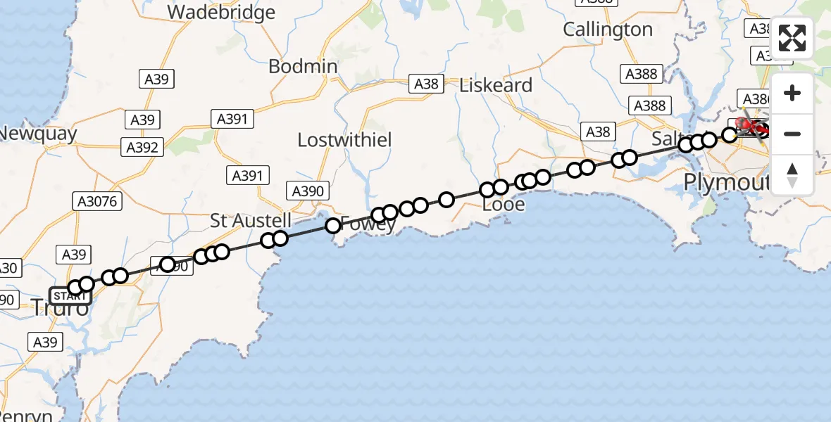 Flight route Air Ambulance Helicopter Truro - Derriford Hospital, 14 May 2026, 10:52