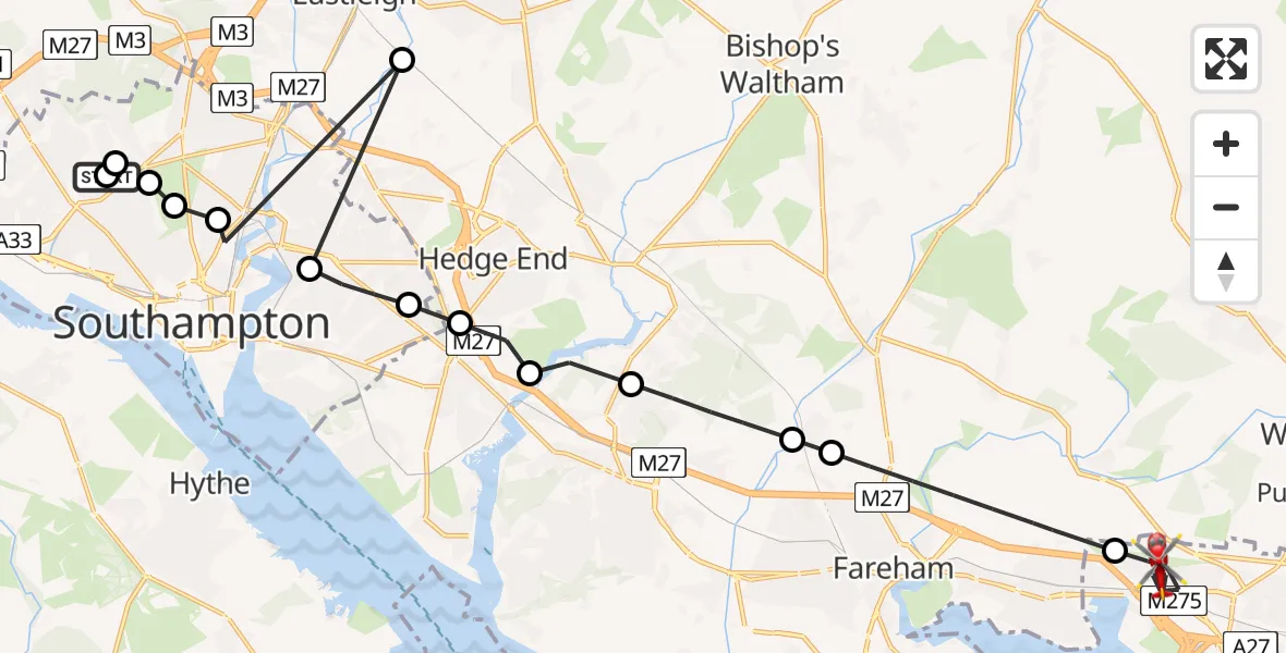 Flight route Air Ambulance Helicopter University Hospital Southampton - Paulsgrove, 14 May 2026, 10:54