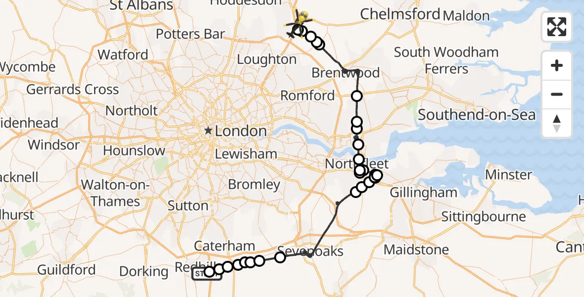 Flight route Police Helicopter South Nutfield - Coopersale, 14 May 2026, 10:55
