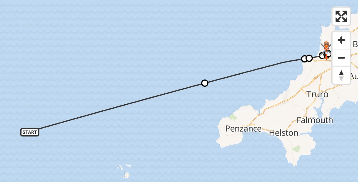 Flight route Coastguard Helicopter North Atlantic Ocean - Cornwall Airport Newquay, 14 May 2026, 10:56