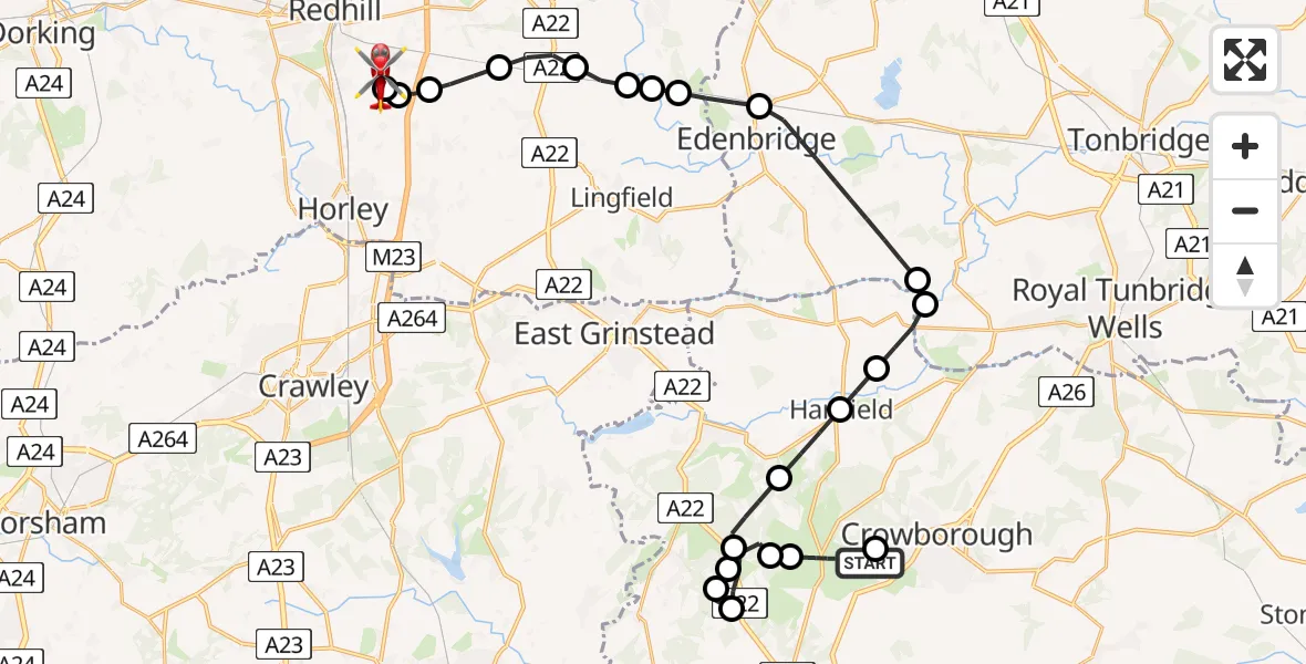 Flight route Air Ambulance Helicopter Crowborough - Redhill Aerodrome, 14 May 2026, 10:57