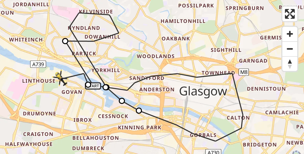 Flight route Police Helicopter Glasgow City Heliport - Glasgow, 14 May 2026, 11:01