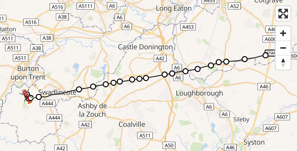 Flight route Air Ambulance Helicopter Rushcliffe - South Derbyshire, 14 May 2026, 11:17