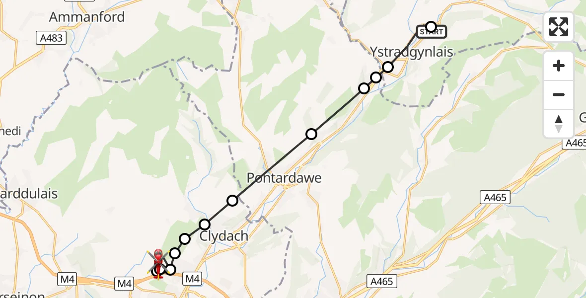 Flight route Air Ambulance Helicopter Pen Rhos - Morriston Hospital Helipad, 14 May 2026, 11:18
