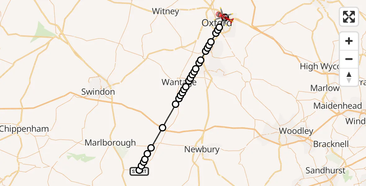 Flight route Air Ambulance Helicopter Wilton - Oxford, 14 May 2026, 11:18