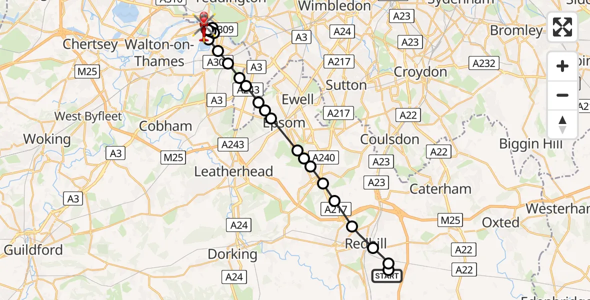 Flight route Air Ambulance Helicopter Redhill Aerodrome - Molesey, 14 May 2026, 11:27