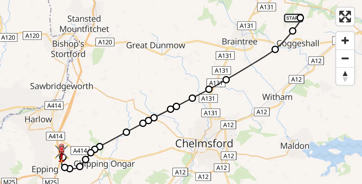 Flight route Air Ambulance Helicopter Earls Colne Airfield - North Weald Airfield, 14 May 2026, 11:28