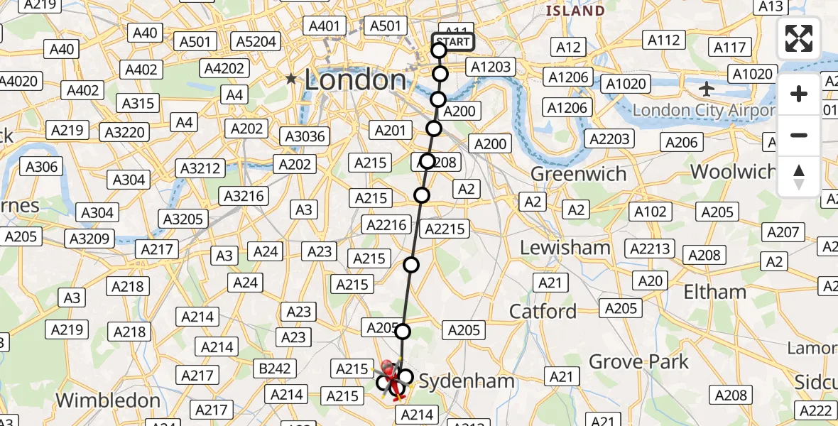 Flight route Air Ambulance Helicopter Royal London Hospital - West Norwood, 14 May 2026, 11:29