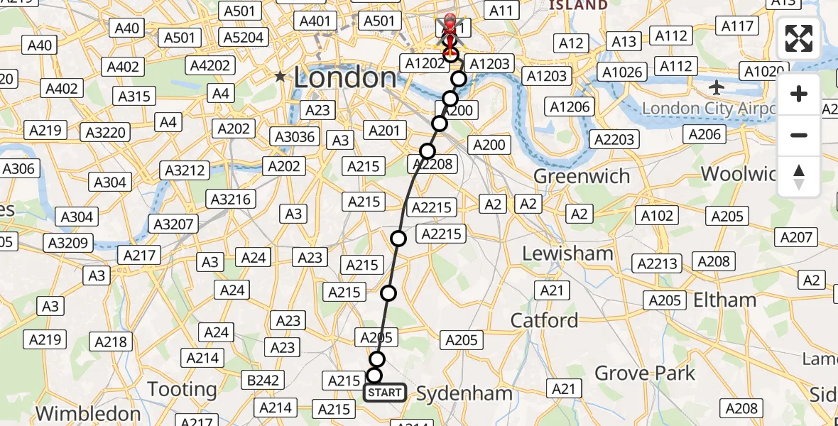 Flight route Air Ambulance Helicopter Lambeth - Royal London Hospital, 14 May 2026, 12:00