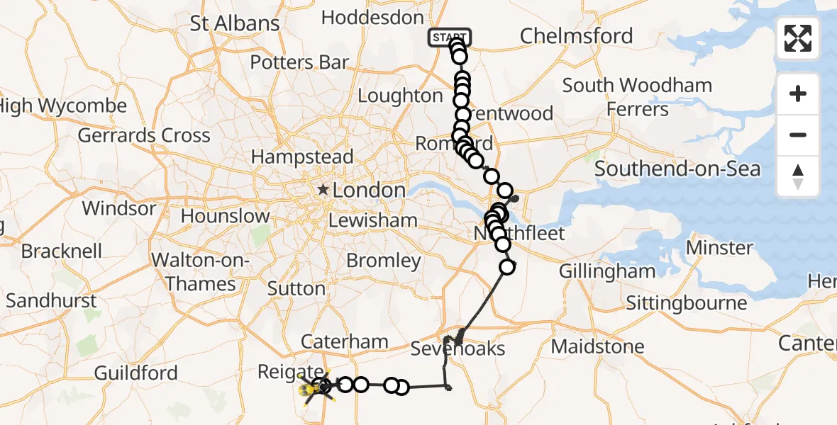 Flight route Police Helicopter North Weald Bassett - Redhill Aerodrome, 14 May 2026, 12:07