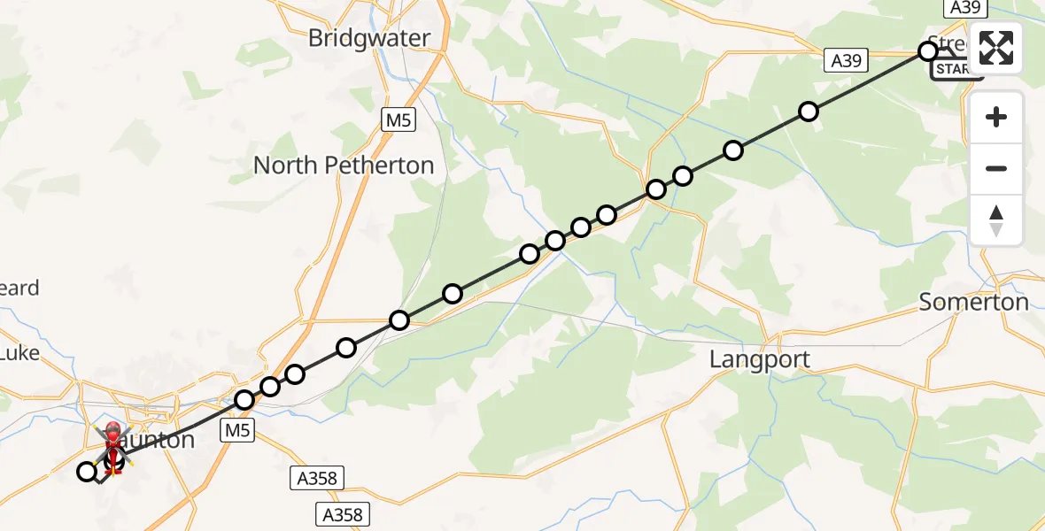 Flight route Air Ambulance Helicopter Street - Musgrove Hospital, 14 May 2026, 12:09