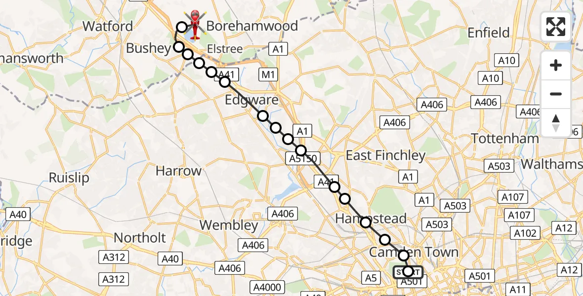 Flight route Air Ambulance Helicopter Fitzrovia - Elstree Airfield, 14 May 2026, 12:11