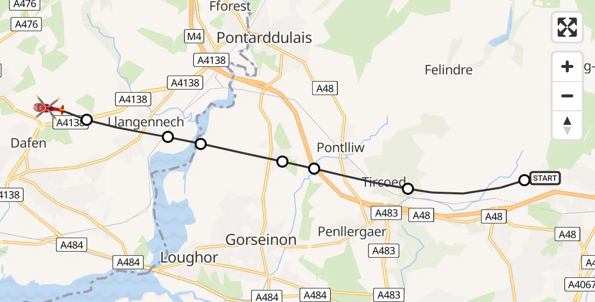 Flight route Air Ambulance Helicopter Morriston Hospital Helipad - Dafen, 14 May 2026, 12:13