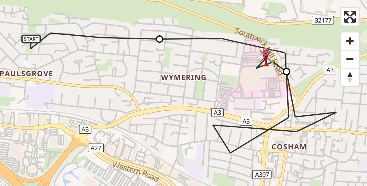 Flight route Air Ambulance Helicopter Paulsgrove - Queen Alexandra Hospital, 14 May 2026, 12:14