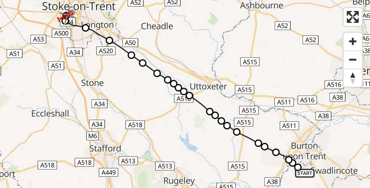 Flight route Air Ambulance Helicopter South Derbyshire - Stoke, 14 May 2026, 12:18