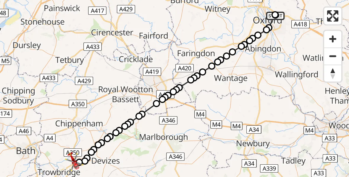 Flight route Air Ambulance Helicopter John Radcliffe Hospital - Melksham, 14 May 2026, 12:27