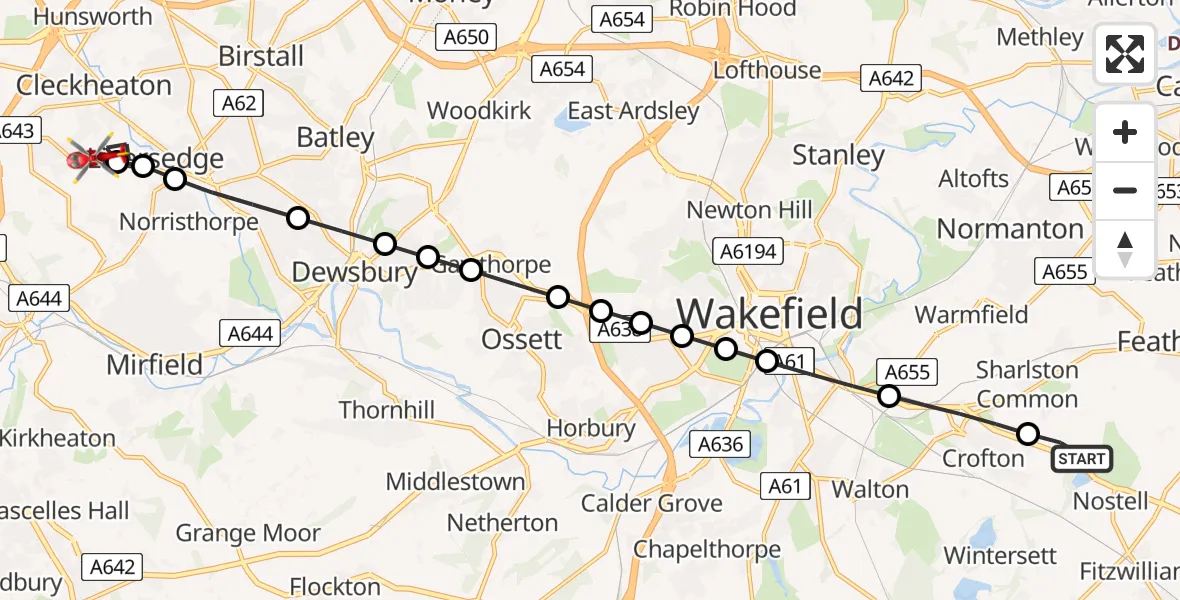 Flight route Air Ambulance Helicopter YAA Nostell Helicopter Port - Liversedge, 14 May 2026, 12:32