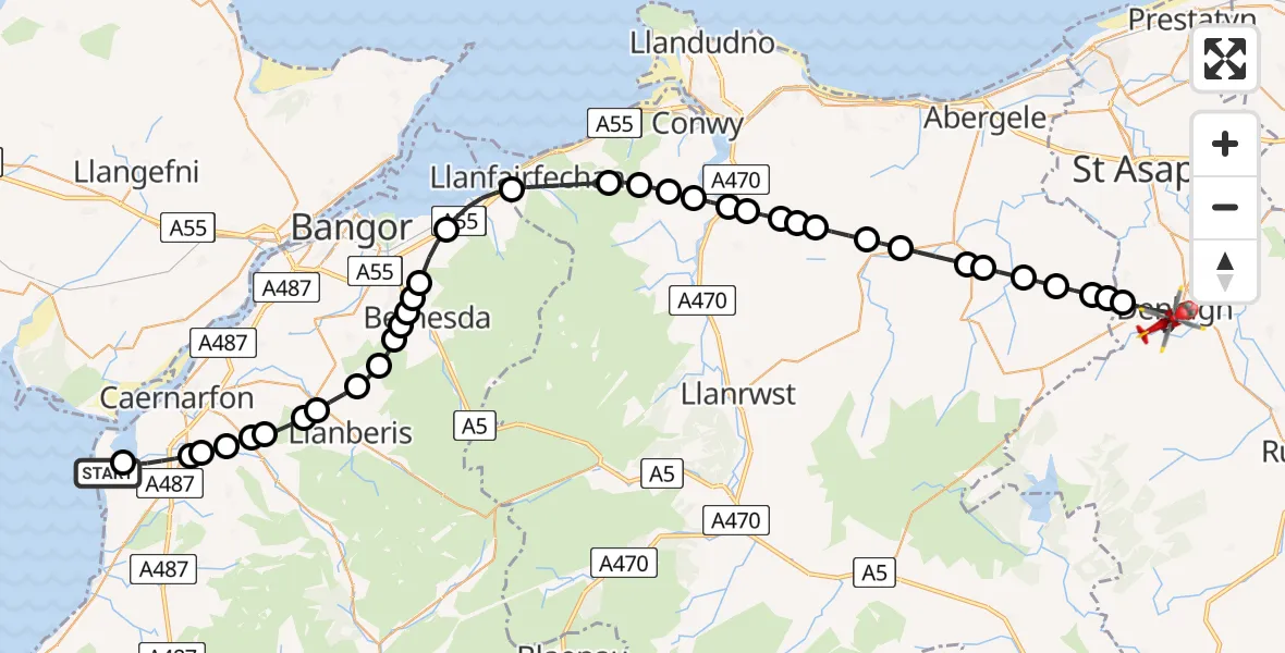 Flight route Air Ambulance Helicopter Caernarfon Airport - Denbigh, 14 May 2026, 12:41