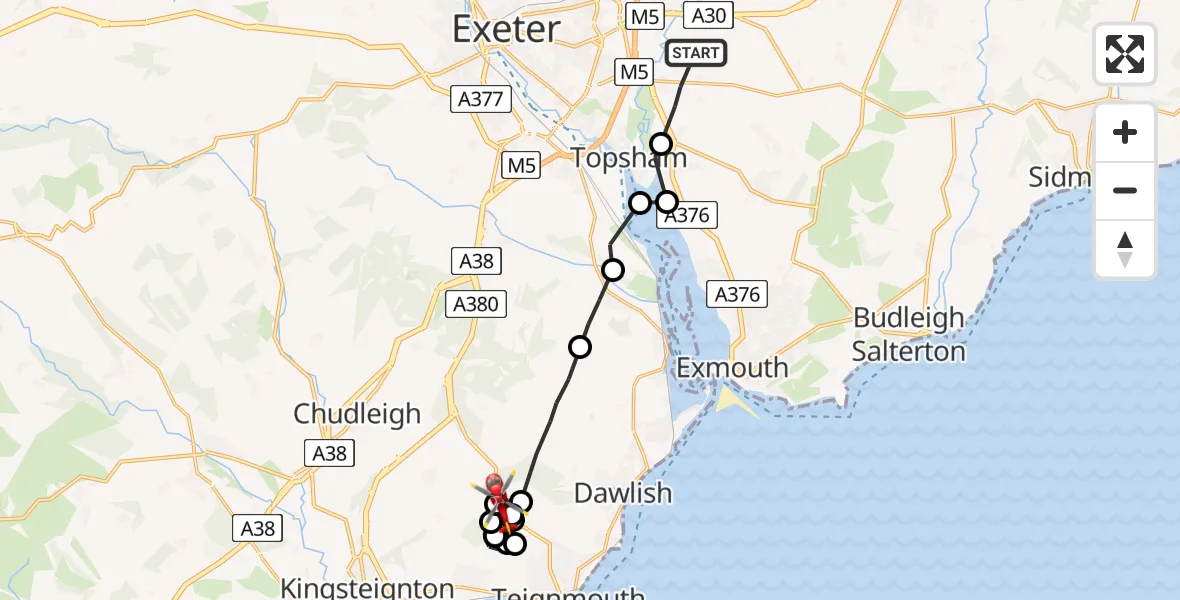Flight route Air Ambulance Helicopter Clyst St Mary - Dawlish, 14 May 2026, 12:46