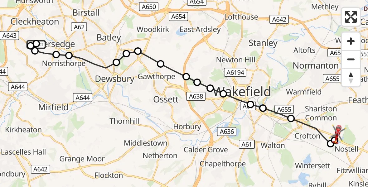 Flight route Air Ambulance Helicopter Liversedge - YAA Nostell Helicopter Port, 14 May 2026, 12:53