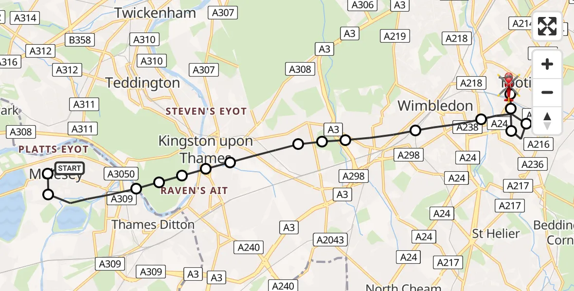 Flight route Air Ambulance Helicopter Molesey - St Georges Hospital, 14 May 2026, 12:55
