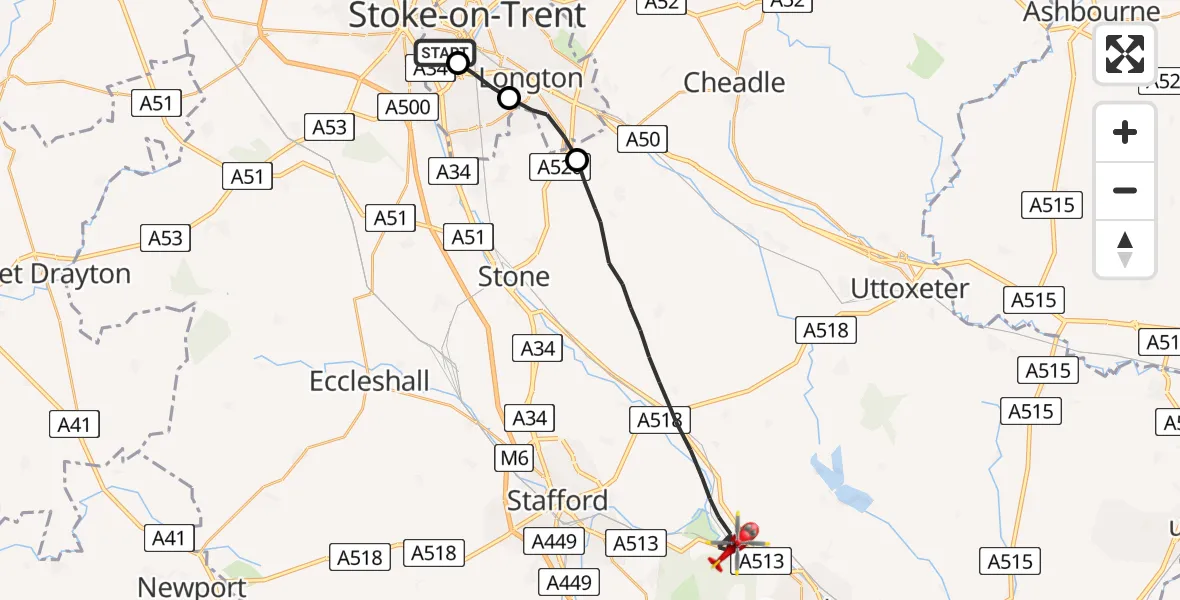 Flight route Air Ambulance Helicopter Stoke - Stafford, 14 May 2026, 12:56