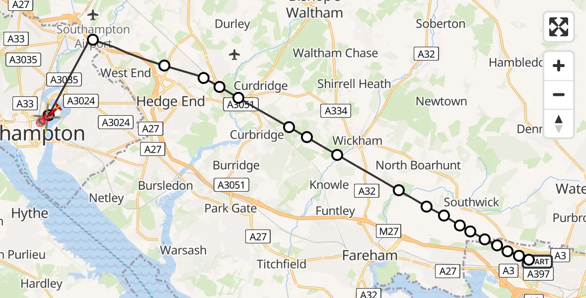 Flight route Air Ambulance Helicopter Queen Alexandra Hospital - Bitterne Manor, 14 May 2026, 12:59