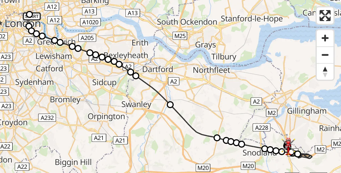 Flight route Air Ambulance Helicopter Royal London Hospital - Bluebell Hill, 14 May 2026, 13:03