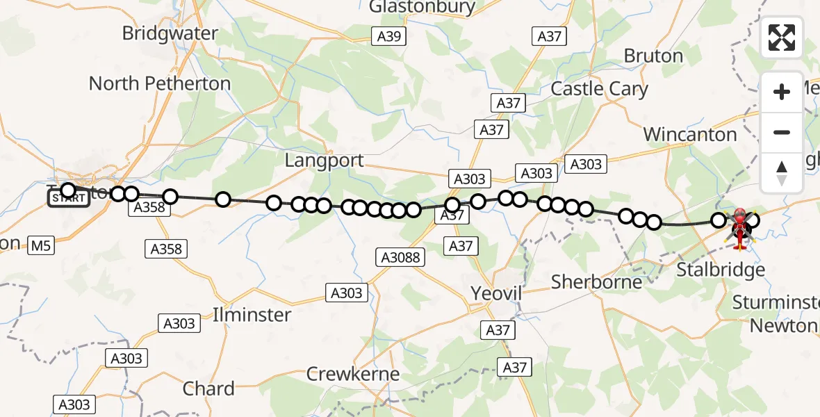 Flight route Air Ambulance Helicopter Musgrove Hospital - Henstridge Airfield, 14 May 2026, 13:04