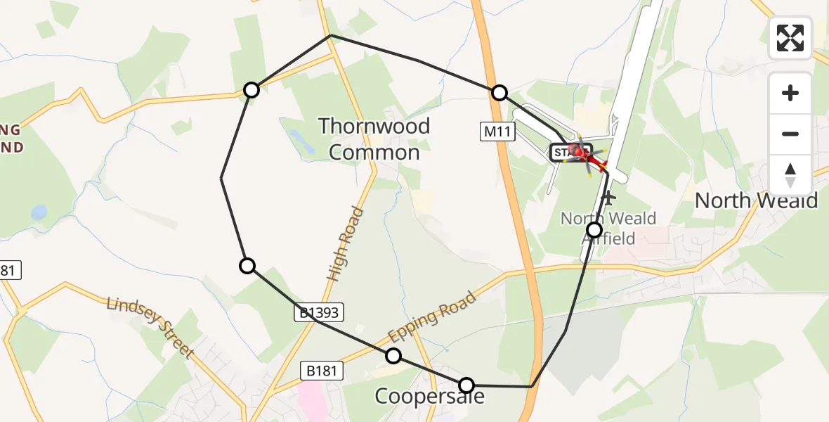Flight route Air Ambulance Helicopter North Weald Airfield - North Weald Airfield, 14 May 2026, 13:19