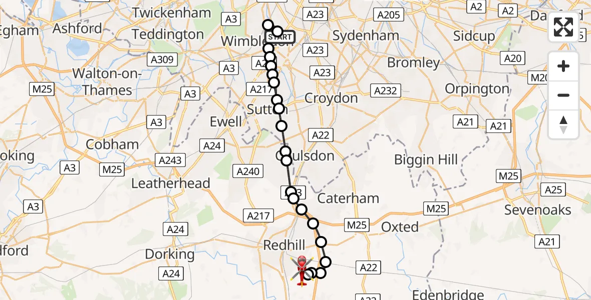 Flight route Air Ambulance Helicopter St Georges Hospital - Redhill Aerodrome, 14 May 2026, 13:23