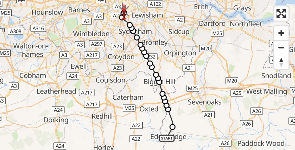 Flight route Air Ambulance Helicopter Edenbridge - Kings College London Hospital, 14 May 2026, 13:22